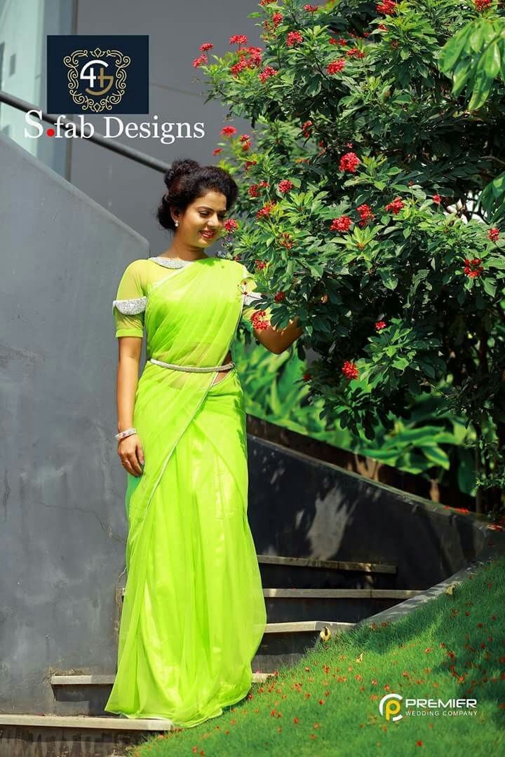 Model in lime green saree by S.fab Designs